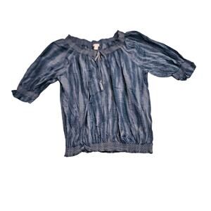 Relativity Boho Blouse Womens XL Blue Tie Dye Peasant Top Smocked Tassel